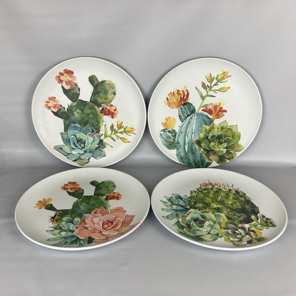 Set of 4 World Market Cactus Cacti Succulent Melamine Dinner Plate Mix Colors